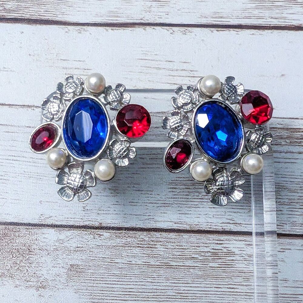 Vintage Earrings For Pierced Ears - Large Statement with Blue & Red Gems 1.25"